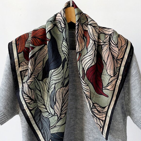 2/$30  Large Velvety Silk Scarf with Leaf Print Autumn Floral Square Neck Bag - Picture 4 of 6
